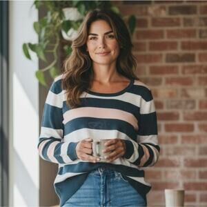 Striped Sweater in Dark Green Pink, and White